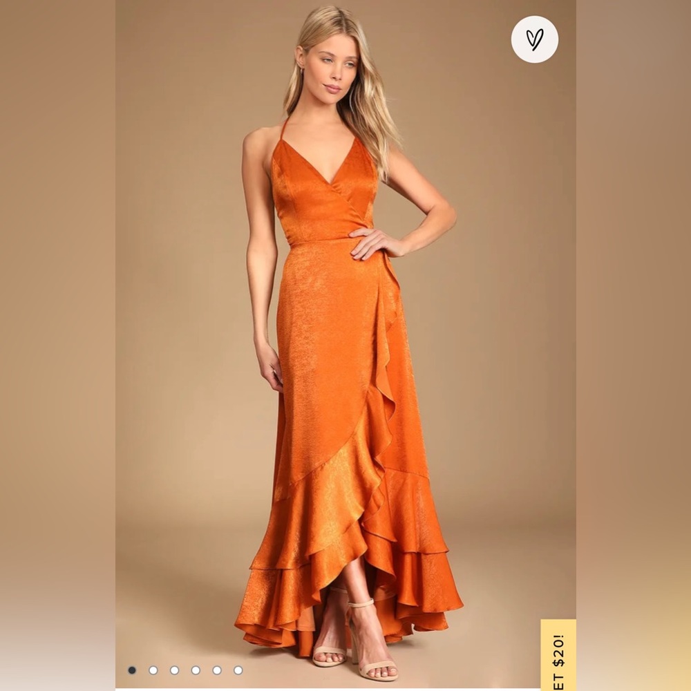 Lulu’s Burnt Orange Satin Lace- Up, High-Low Maxi Dress